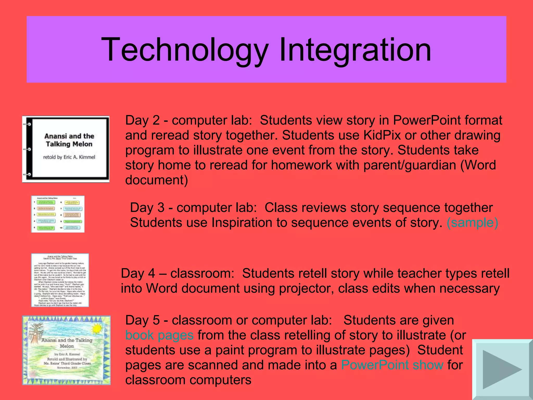 Technology Integration Day 2 - computer lab:  Students view story in PowerPoint format and reread story together. Students use KidPix or other drawing program to illustrate one event from the story. Students take story home to reread for homework with parent/guardian (Word document)  Day 3 - computer lab:  Class reviews story sequence together  Students use Inspiration to sequence events of story.  (sample) Day 4 – classroom:  Students retell story while teacher types retell into Word document using projector, class edits when necessary  Day 5 - classroom or computer lab:  Students are given  book pages  from the class retelling of story to illustrate (or students use a paint program to illustrate pages)  Student pages are scanned and made into a  PowerPoint show  for classroom computers  