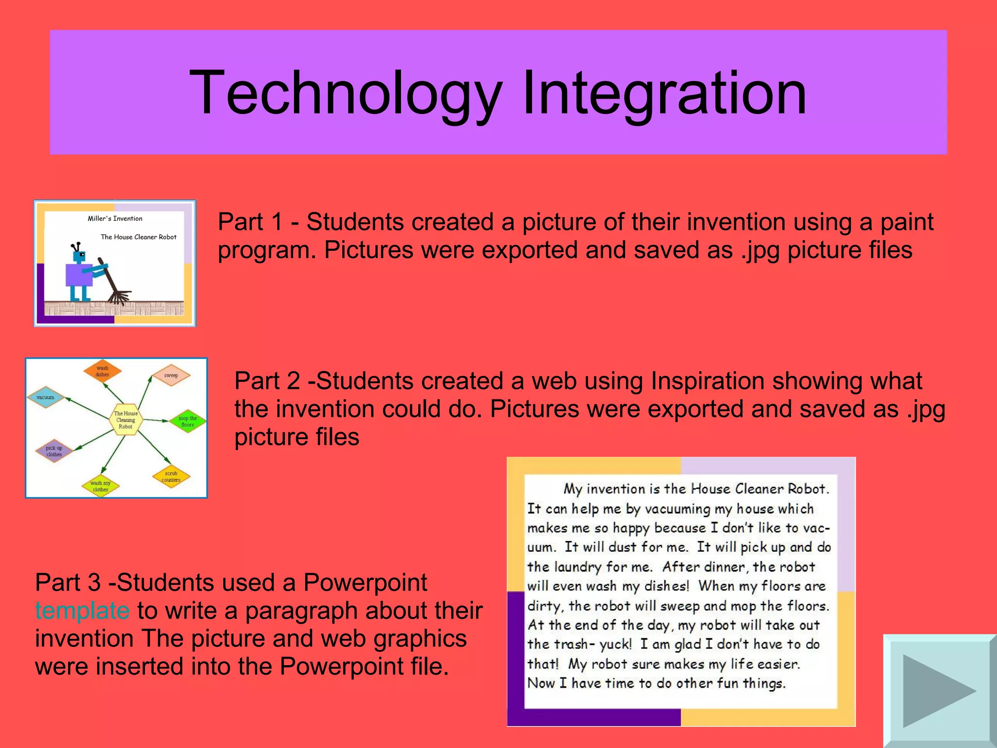 Technology Integration Part 1 - Students created a picture of their invention using a paint program. Pictures were exported and saved as .jpg picture files  Part 2 -Students created a web using Inspiration showing what the invention could do. Pictures were exported and saved as .jpg picture files  Part 3 -Students used a Powerpoint  template  to write a paragraph about their invention The picture and web graphics were inserted into the Powerpoint file.  