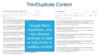 Thin/Duplicate Content
Google filters
duplicates, and
may depress
rankings of sites
w/ lots of thin or
useless content
 