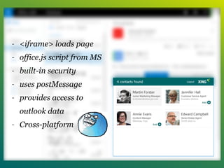 - <iframe> loads page
- office.js script from MS
- built-in security
- uses postMessage
- provides access to
outlook data
- Cross-platform
 