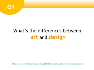 Whats the differences between
art and design
Q1
http://www.webdesignerdepot.com/2009/09/the-difference-between-art-and-design/
 