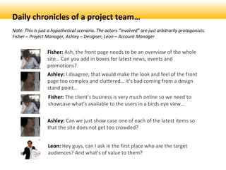 Daily chronicles of a project team
Note: This is just a hypothetical scenario. The actors involved are just arbitrarily protagonists.
Fisher C Project Manager, Ashley C Designer, Leon C Account Manager
Fisher: Ash, the front page needs to be an overview of the whole
site Can you add in boxes for latest news, events and
promotions?
Ashley: I disagree; that would make the look and feel of the front
page too complex and cluttered its bad coming from a design
stand point
Fisher: The clients business is very much online so we need to
showcase whats available to the users in a birds eye view
Ashley: Can we just show case one of each of the latest items so
that the site does not get too crowded?
Leon: Hey guys, can I ask in the first place who are the target
audiences? And whats of value to them?
 