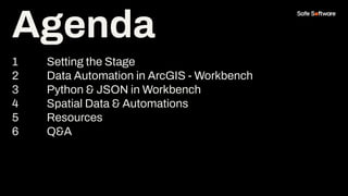 Agenda
1 Setting the Stage
2 Data Automation in ArcGIS - Workbench
3 Python & JSON in Workbench
4 Spatial Data & Automations
5 Resources
6 Q&A
Agenda
 