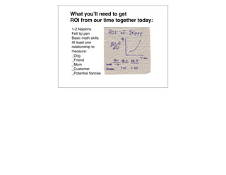 What youʼll need to get
ROI from our time together today:
1-2 Napkins
Felt tip pen
Basic math skills
At least one
relationship to
measure:
_Dog
_Friend
_Mom
_Customer
_Potential ﬁancée
 