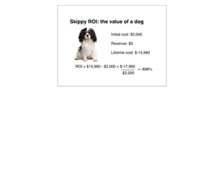 Skippy ROI: the value of a dog

                     Initial cost: $2,000

                     Revenue: $0

                     Lifetime cost: $-15,960


  ROI = $15,960 - $2,000 = $-17,960
                                      = -898%
                            $2,000
 