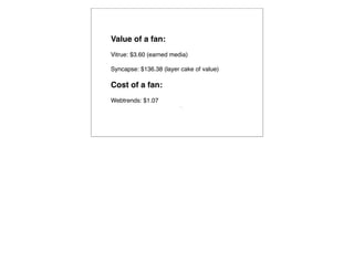 Value of a fan:
Vitrue: $3.60 (earned media)

Syncapse: $136.38 (layer cake of value)

Cost of a fan:
Webtrends: $1.07
                         
                             
 