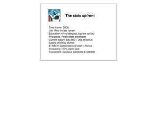 The stats upfront


Time frame: 2006
Job: Real estate lawyer
Education: Ivy undergrad, top law school
Prospects: Real estate developer
Current salary: $80,000 + 20k in bonus
Salary of fellow alumni:
$1 MM in combination of cash + bonus
Increasing 100% each year
Investment: fabulous wardrobe $100,000
 