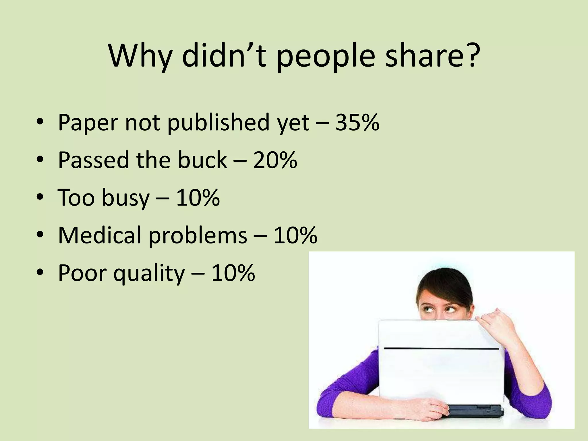 Why didn’t people share?
•
•
•
•
•

Paper not published yet – 35%
Passed the buck – 20%
Too busy – 10%
Medical problems – 10%
Poor quality – 10%

 