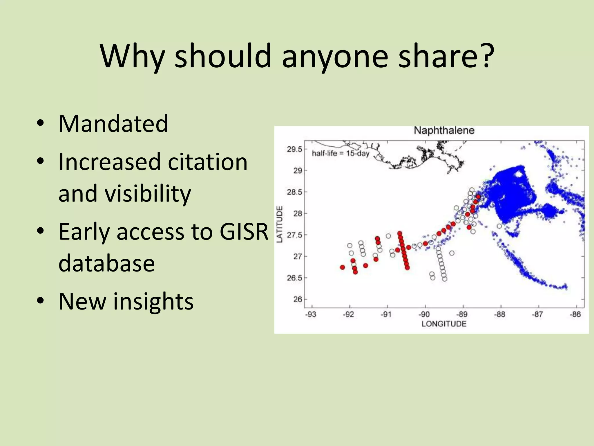Why should anyone share?
• Mandated
• Increased citation
and visibility
• Early access to GISR
database
• New insights

 