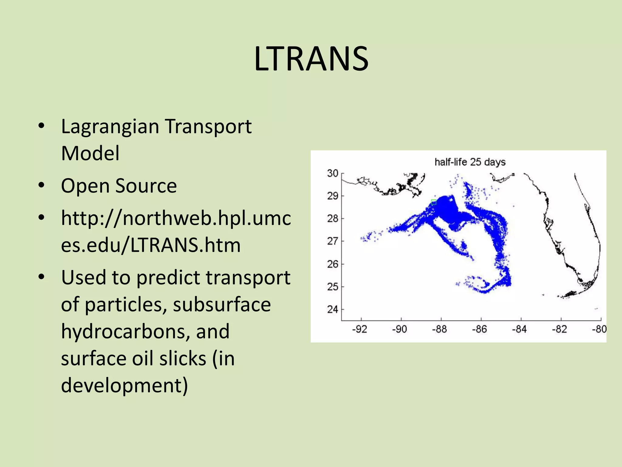 LTRANS
• Lagrangian Transport
Model
• Open Source
• http://northweb.hpl.umc
es.edu/LTRANS.htm
• Used to predict transport
of particles, subsurface
hydrocarbons, and
surface oil slicks (in
development)

 