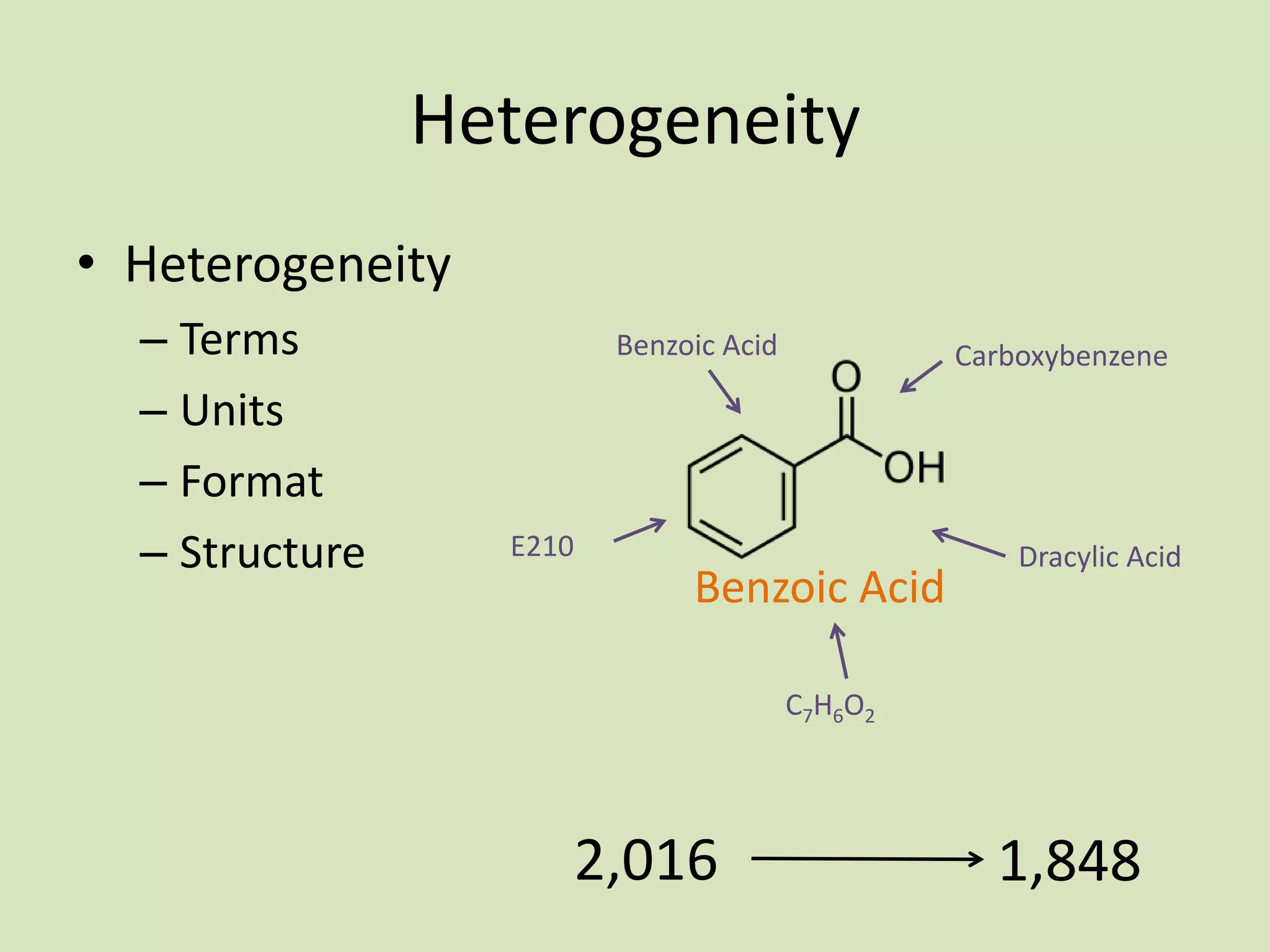 Heterogeneity
• Heterogeneity
– Terms
– Units
– Format
– Structure

Benzoic Acid

Carboxybenzene

E210

Benzoic Acid

Dracylic Acid

C7H6O2

2,016

1,848

 