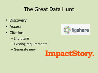 The Great Data Hunt
• Discovery
• Access
• Citation
– Literature
– Existing requirements
– Generate new

 