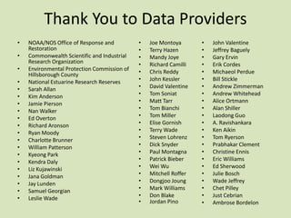 Thank You to Data Providers
•
•
•
•
•
•
•
•
•
•
•
•
•
•
•
•
•
•
•
•

NOAA/NOS Office of Response and
Restoration
Commonwealth Scientific and Industrial
Research Organization
Environmental Protection Commission of
Hillsborough County
National Estuarine Research Reserves
Sarah Allan
Kim Anderson
Jamie Pierson
Nan Walker
Ed Overton
Richard Aronson
Ryan Moody
Charlotte Brunner
William Patterson
Kyeong Park
Kendra Daly
Liz Kujawinski
Jana Goldman
Jay Lunden
Samuel Georgian
Leslie Wade

•
•
•
•
•
•
•
•
•
•
•
•
•
•
•
•
•
•
•
•
•
•
•

Joe Montoya
Terry Hazen
Mandy Joye
Richard Camilli
Chris Reddy
John Kessler
David Valentine
Tom Soniat
Matt Tarr
Tom Bianchi
Tom Miller
Elise Gornish
Terry Wade
Steven Lohrenz
Dick Snyder
Paul Montagna
Patrick Bieber
Wei Wu
Mitchell Roffer
Dongjoo Joung
Mark Williams
Don Blake
Jordan Pino

•
•
•
•
•
•
•
•
•
•
•
•
•
•
•
•
•
•
•
•
•
•
•

John Valentine
Jeffrey Baguely
Gary Ervin
Erik Cordes
Michaeol Perdue
Bill Stickle
Andrew Zimmerman
Andrew Whitehead
Alice Ortmann
Alan Shiller
Laodong Guo
A. Ravishankara
Ken Aikin
Tom Ryerson
Prabhakar Clement
Christine Ennis
Eric Williams
Ed Sherwood
Julie Bosch
Wade Jeffrey
Chet Pilley
Just Cebrian
Ambrose Bordelon

 