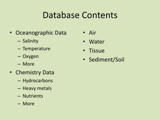 Database Contents
• Oceanographic Data
–
–
–
–

Salinity
Temperature
Oxygen
More

• Chemistry Data
–
–
–
–

Hydrocarbons
Heavy metals
Nutrients
More

•
•
•
•

Air
Water
Tissue
Sediment/Soil

 