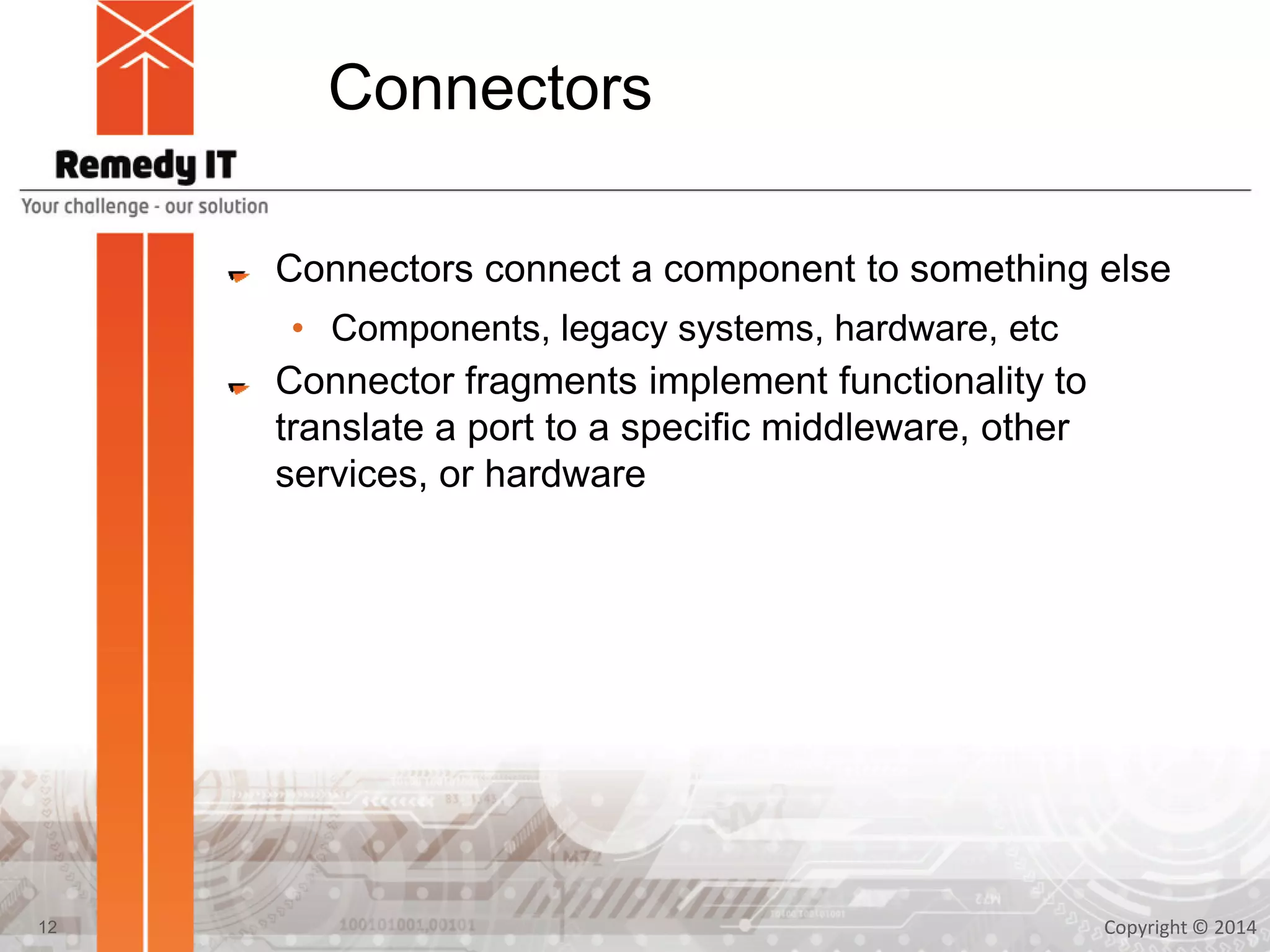 Connectors
Connectors connect a component to something else
• Components, legacy systems, hardware, etc
Connector fragments implement functionality to
translate a port to a specific middleware, other
services, or hardware
Copyright © 201412
 
