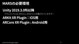 Unity Technologies Japan 17
Unity 2019.3.0f6以降
ARKit XR Plugin ： iOS用
ARCore XR Plugin : Android用
 