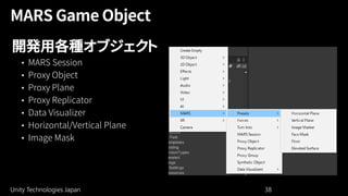 Unity Technologies Japan 38
開発用各種オブジェクト
• MARS Session
• Proxy Object
• Proxy Plane
• Proxy Replicator
• Data Visualizer
• Horizontal/Vertical Plane
• Image Mask
 