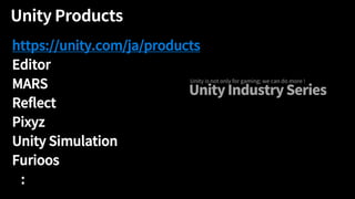 https://unity.com/ja/products
Editor
MARS
Reflect
Pixyz
Unity Simulation
Furioos
:
 