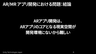 Unity Technologies Japan 8
ARアプリ開発は、
ARアプリのコアとなる現実空間が
開発環境にないから難しい
 