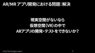 Unity Technologies Japan 9
現実空間がないなら
仮想空間（VR）の中で
ARアプリの開発・テストをできないか？
 