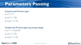Parameters Passing
Constant-size Primitive types
‣ in T => T
‣ out T => T&
‣ inout T => T&

Variable-size Primitive types (e.g string, wsting)
‣ in T => const T&
‣ out T => T&
‣ inout T => T&

                                      © 2010, PrismTech. All Rights Reserved
 
