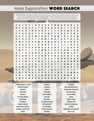 ALDRIN MARS CYCLER
ARGYRE BASIN
BEAGLE
CURIOSITY
DEIMOS
ELYSIUM MONS
EXOMARS
EXPRESS
FOBOS-GRUNT
GALACTIC GHOUL
GLOBAL SURVEYOR
HOPE
Mars Exploration Word Search
INSIGHT
KOSMOS
MARCO
MARINER
MARS DIRECT
MAVEN
ODYSSEY
OLYMPUS MONS
OPPORTUNITY
PATHFINDER
PERSEVERANCE
PHOBOS
PHOENIX
RECONNAISSANCE
ROSALIND FRANKLIN
SCHIAPARELLI
SOJOURNER
SPIRIT
TEMPE TERRA
THARSIS RISE
VASTITAS BOREALIS
VIKING
WERNHER VON BRAUN
WILLY LEY
The Red Planet has been studied throughout human history. The very first mission to Mars was
sent in 1960, while the first probe landed in 1971. We’ve hidden 36 words related to Mars
exploration below. They may be placed horizontal, vertical, or even diagonal. Good luck!
	P	A	T	H	F	 I	N	D	E	R	K	P	M	N	B	E	A	G	L	E
	W	P	V	A	S	 T	 I	 T	A	S	B	O	R	E	A	L	 I	 S	H	K
	 I	 S	C	H	 I	A	P	A	R	E	 L	 L	 I	 T	G	V	Q	R	U	O
	P	P	A	A	D	K	 I	A	P	X	Q	Z	F	E	A	R	E	E	N	S
	H	E	Z	 L	G	E	W	V	H	O	Y	F	O	M	L	O	L	C	Z	M
	O	P	R	S	D	F	 I	 Y	O	M	T	O	B	P	A	S	Y	O	Z	O
	P	M	C	S	O	R	C	M	B	A	M	D	O	E	C	A	S	N	O	S
	 E	A	A	U	E	 J	 I	 E	O	R	A	Y	S	 T	 T	 L	 I	 N	P	A
	C	X	S	R	R	V	O	N	S	S	R	S	G	E	 I	 I	U	A	P	R
	 T	 W	P	 P	 I	 I	 E	 U	M	W	C	 S	 R	 R	 C	N	M	 I	 O	G
	H	 I	 I	 R	K	N	O	R	R	A	O	E	U	R	G	D	M	S	 R	Y
	A	L	R	W	E	F	E	S	A	N	R	Y	N	A	H	F	O	S	T	R
	R	 L	 I	G	E	 S	C	R	 I	 N	E	 S	 T	G	O	R	N	A	U	E
	S	Y	T	M	K	Y	S	M	K	T	C	R	C	H	U	A	S	N	N	B
	 I	 L	P	H	O	E	N	I	X	E	Y	E	V	Y	L	N	M	C	I	A
	S	E	M	A	R	S	D	I	R	E	C	T	J	 I	C	K	A	E	T	S
	R	Y	V	I	N	S	I	G	H	T	J	N	X	V	K	L	V	I	Y	I
	 I	 G	L	O	B	A	L	 S	U	R	V	E	Y	O	R	 I	 E	W	Q	N
	 S	O	L	Y	M	P	U	S	M	O	N	S	D	X	Y	N	N	R	Z	 T
	E	W	E	R	N	H	E	R	V	O	N	B	R	A	U	N	J	G	M	K
68
 