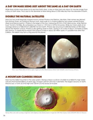 A day on Mars seems just about the same as a day on Earth
While Mars rotates more slowly on its axis than Earth does, a day on Mars lasts only about 41 minutes longer than
a Day on Earth does. This is due to the diameter of Mars being about 3,700 miles less than the diameter of Earth.
Double the natural satellites
Mars has two small irregularly shaped moons named Phobos and Deimos. Like Mars, their names are derived
from Roman times. According to Roman myth, Mars rode on a chariot pulled by two horses named Phobos
(fear) and Deimos (panic). Phobos is the larger of the two, measuring 22.2 Km (13.8 miles) across, while Deimos
is just 12.6 km (7.8 Miles. By comparison our moon is 1,737.5 km (1,079.6 mi) across. While our moon orbits at an
average distance of 384,472 km (238,900 mi) from Earth, Phobos zips around just 6,000 kilometers (3,700 miles)
above the Martian surface. Phobos is also getting closer to Mars, closing in at a rate of about 1.8 meters (6 feet)
per century, it’s expected to impact the surface of Mars in about 50 million years. It’s possible that after that
collision, the debris may form a ring around the planet.
A Mountain Climbers dream
Mars has the tallest mountain in the solar system. Olympus Mons is a 25 km (15.5343 mi or 82021Ft ) high shield
volcano that formed billions of years ago. Its base is 624 km (374 mi) in diameter. The largest volcano on Earth,
Mauna Loa, is 10 km (6.3 mi) high and 120 km (75 mi) across at its base.
Mars’ moons Phobos (left) and Deimos (right) imaged by the Mars Reconnaissance Orbiter. Credit: NASA/JPL-Caltech/University of Arizona
Olympus Mons color-coded according to height from white (highest) to blue (lowest), based on images from ESA’s Mars Express. Credit: ESA/DLR/FU Berlin (G. Neukum)
06
 