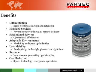 Benefits Differentiation Stake holders attraction and retention  Managed Services Revenue opportunities and remote delivery Streamlined Services Operational efficiencies Adaptable Environments Flexibility and space optimization User Mobility Productivity, in the right place at the right time Revenue New revenue generating opportunities Cost Reduction Space, technology, energy and operations 