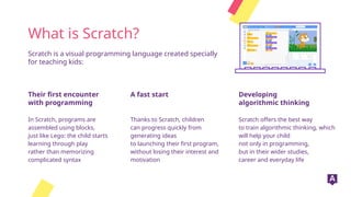Their first encounter
with programming
What is Scratch?
A fast start Developing
algorithmic thinking
In Scratch, programs are
assembled using blocks,
just like Lego: the child starts
learning through play
rather than memorizing
complicated syntax
Thanks to Scratch, children
can progress quickly from
generating ideas
to launching their first program,
without losing their interest and
motivation
Scratch offers the best way
to train algorithmic thinking, which
will help your child
not only in programming,
but in their wider studies,
career and everyday life
Scratch is a visual programming language created specially
for teaching kids:
 