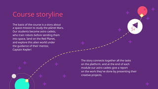 Course storyline
The basis of the course is a story about
a space mission to study the planet Mars.
Our students become astro cadets,
who train robots before sending them
into space, land on the Red Planet,
and explore this alien world under
the guidance of their mentor,
Captain Kepler!
The story connects together all the tasks
on the platform, and at the end of each
module our astro cadets give a report
on the work they've done by presenting their
creative projects.
 
