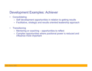 Development Examples: Achiever
     •  Consolidating
         –  Self development opportunities in relation to getting results
         –  Facilitative, strategic and results oriented leadership approach

     •  Transitioning
         –  Mentoring or coaching – opportunities to reflect
         –  Complex opportunities where positional power is reduced and
            influence more important




Mary Stacey 2009
 