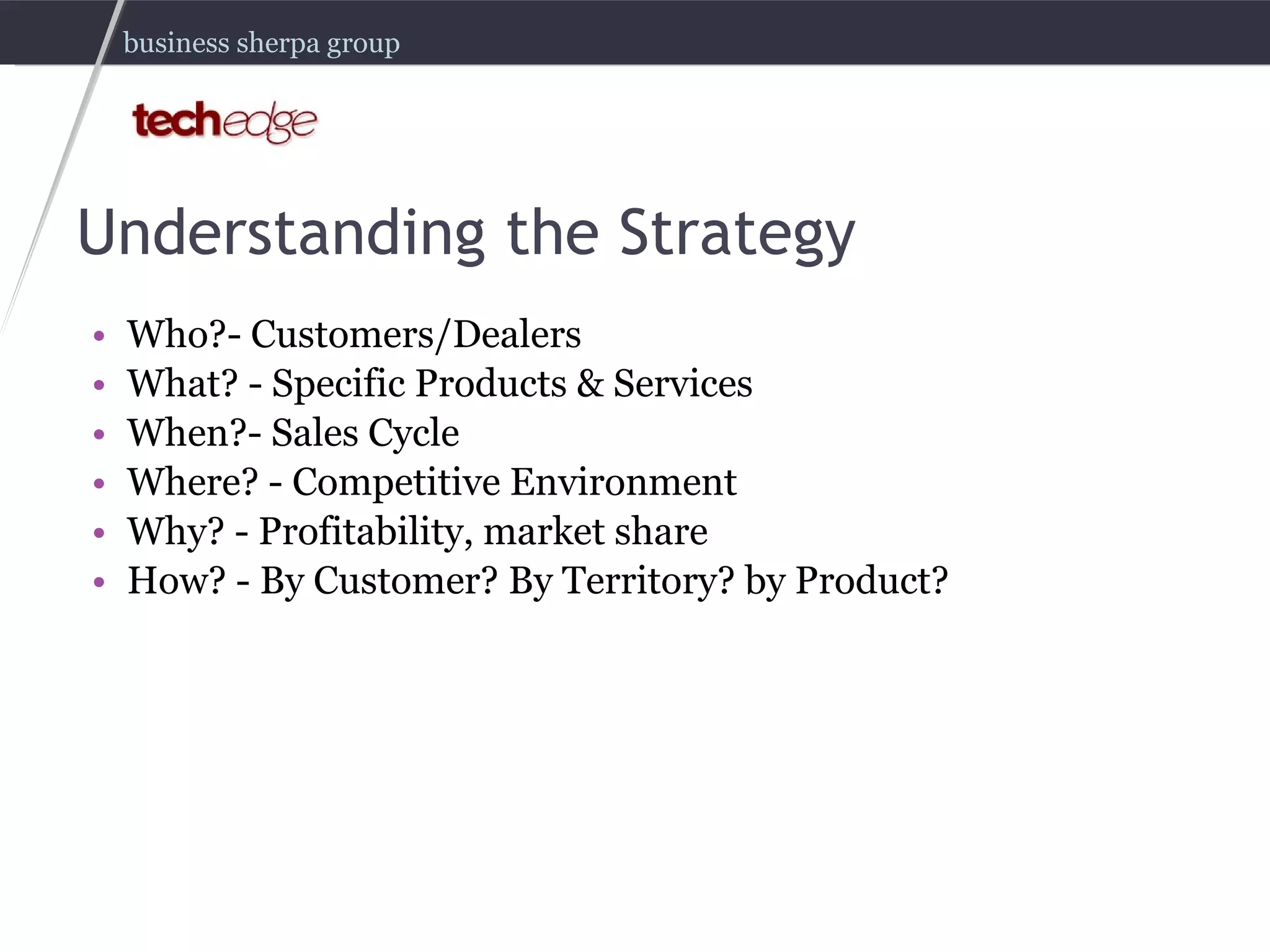 Understanding the Strategy Who?- Customers/Dealers What? - Specific Products & Services When?- Sales Cycle Where? - Competitive Environment Why? - Profitability, market share How? - By Customer? By Territory? by Product? 