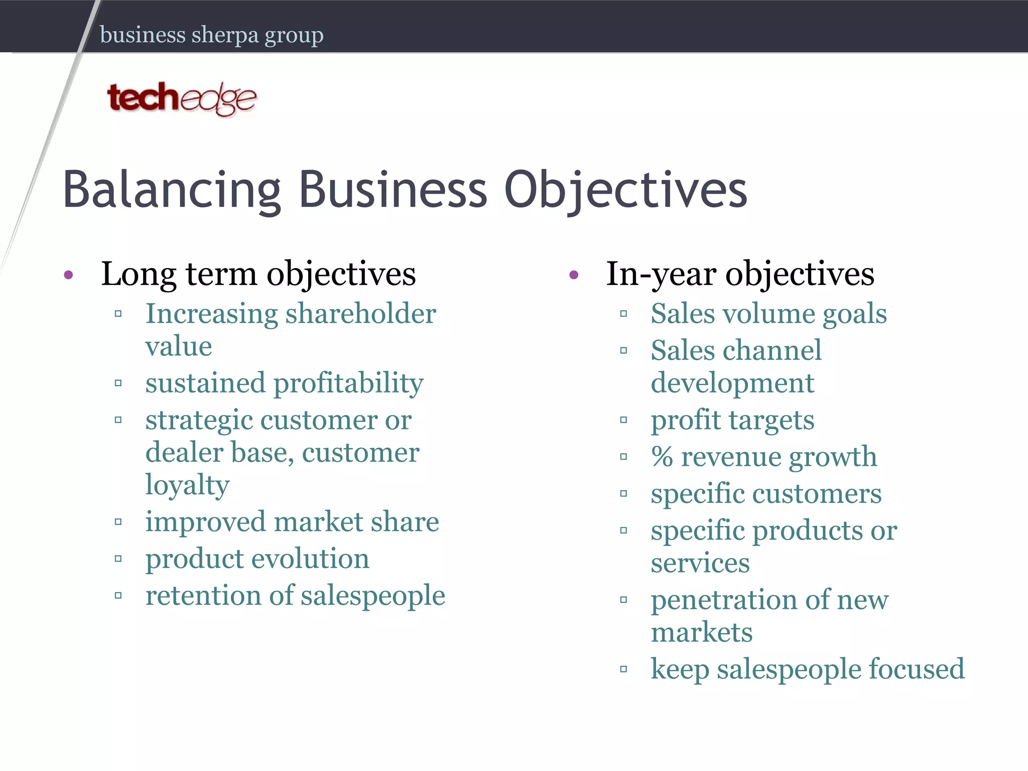 Balancing Business Objectives In-year objectives Sales volume goals Sales channel development profit targets % revenue growth specific customers specific products or services penetration of new markets keep salespeople focused Long term objectives Increasing shareholder value sustained profitability strategic customer or dealer base, customer loyalty improved market share product evolution retention of salespeople 