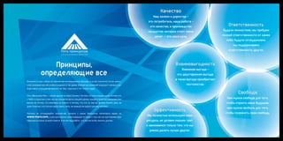 Качество
                                                                                                        Наш хозяин и директор –
                                                                                                     это потребитель, наша работа –
                                                                                                      это качество, а производство                      Ответственность
                                                                                                     продуктов, которые стоят своих                 Будучи личностями, мы требуем

                                                                                                         денег, – это наша цель.                    полной ответственности от самих
                                                                                                                                                      себя; будучи сотрудниками,
                                                                                                                                                           мы поддерживаем

                                  Пять принципов                                                                                                        ответственность других.
                                  Качество Ответственность Взаимовыгодность Эффективность Свобода




                 Принципы,                                                                                             Взаимовыгодность
                                                                                                                            Взаимная выгода –
             определяющие все                                                                                           это двусторонняя выгода,
                                                                                                                       а такая выгода приобретает
Возьмите в руки любую из множества мотивационных брошюр, и на вас посыпятся сотни ценно-
стей, описаний миссий, особого видения и так далее. Множество компаний подходят к вопросу на-                                  постоянство.
бора новых сотрудников именно так. Увы, чаще всего это только слова.


Пять Принципов Mars – совсем другая история. Почему? Потому что они в нашей крови, потому что
                                                                                                                                                              Свобода
с 1940-х годов они стали частью каждой встречи, каждой сделки, каждого принятого решения. Они                                                          Нам нужна свобода для того,
важны не потому, что написаны на бумаге, а потому, что это то, как мы делаем бизнес день за                                                           чтобы строить наше будущее,
днем. Конечно, это сложно представить себе, не проведя ни одного дня внутри Mars.
                                                                                                                                                       нам нужна прибыль для того,
                                                                                                        Эффективность
Поэтому не откладывайте знакомство, начните с наших Принципов: посмотрите видео на                                                                    чтобы сохранить свою свободу.
www.mars.com, в нем рассказаны захватывающие истории о том, как мы претворяем свои                  Мы полностью используем свои
принципы в жизнь по всей планете. А потом подумайте, что они могли бы значить для вас.              ресурсы, не делаем лишних трат
                                                                                                    и занимаемся только тем, что мы
                                                                                                      умеем делать лучше других.
 