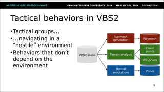 Tactical behaviors in VBS2
•Tactical groups...
•...navigating in a
“hostile” environment
•Behaviors that don’t
depend on t...