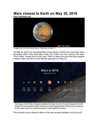 Mars closest to Earth on May 30, 2016
http://earthsky.org/
MAY 30, 2016
Image at top from the Hubble Space Telescope on May 12
On May 30, 2016, the red planet Mars comes closer to Earth than it has been since
November 2005. It lies 46.8 million miles (75.3 million km) from Earth on this date.
This is Mars’ closest point for this year. That’s in spite of the fact that Earth passed
between Mars and the sun (the Martian opposition) on May 22.
View larger. In 2016, Mars will appear brightest from May 18-June 3. Its closest approach to Earth
is May 30. That is the point in Mars’ orbit when it comes closest to Earth. Mars will be at a distance
of 46.8 million miles (75.3 million kilometers). Credit: NASA/JPL-Caltech
Why wouldn’t we be closest to Mars on the day we pass between it and the sun?
 