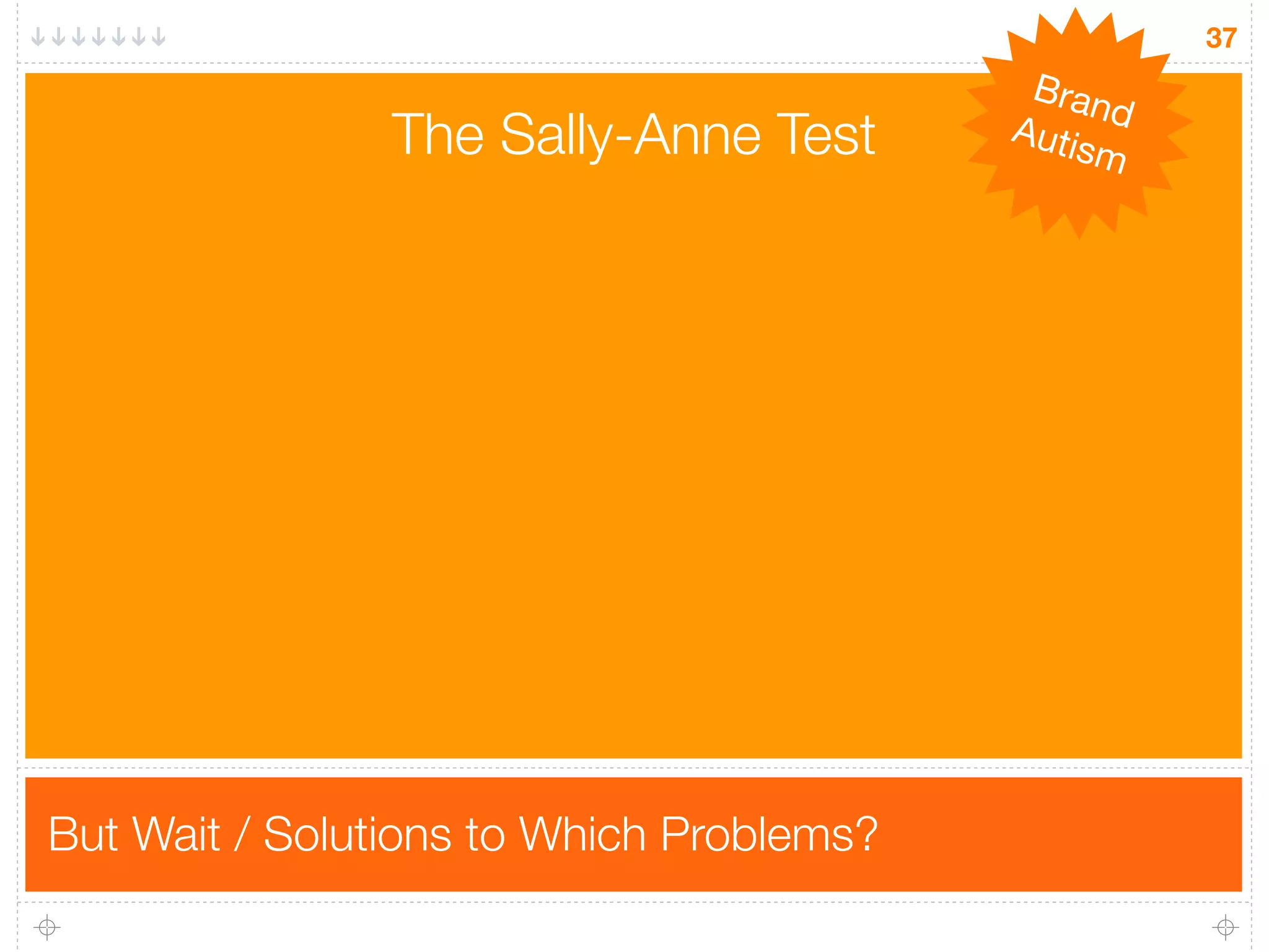 37
                                           Bran
                The Sally-Anne Test       Auti d
                                              sm




But Wait / Solutions to Which Problems?
 