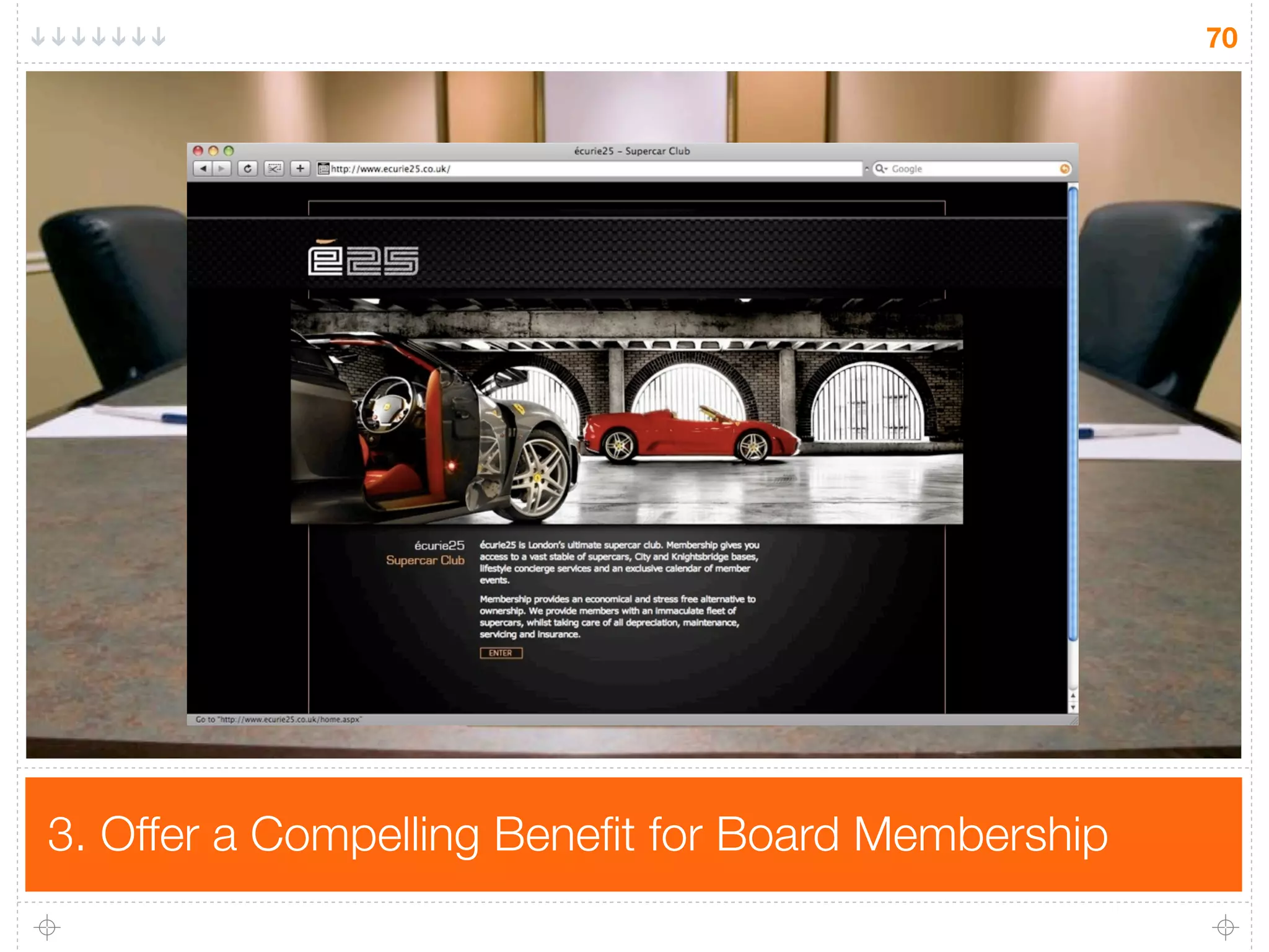 70




                     Board Room




3. Offer a Compelling Beneﬁt for Board Membership
 