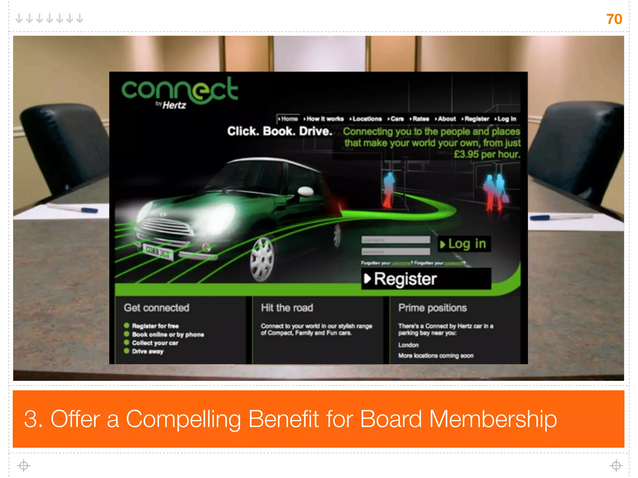 70




                     Board Room




3. Offer a Compelling Beneﬁt for Board Membership
 