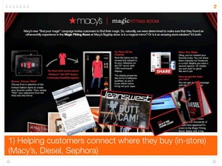 1) Helping customers connect where they buy (in-store)
(Macy’s, Diesel, Sephora)
2
 