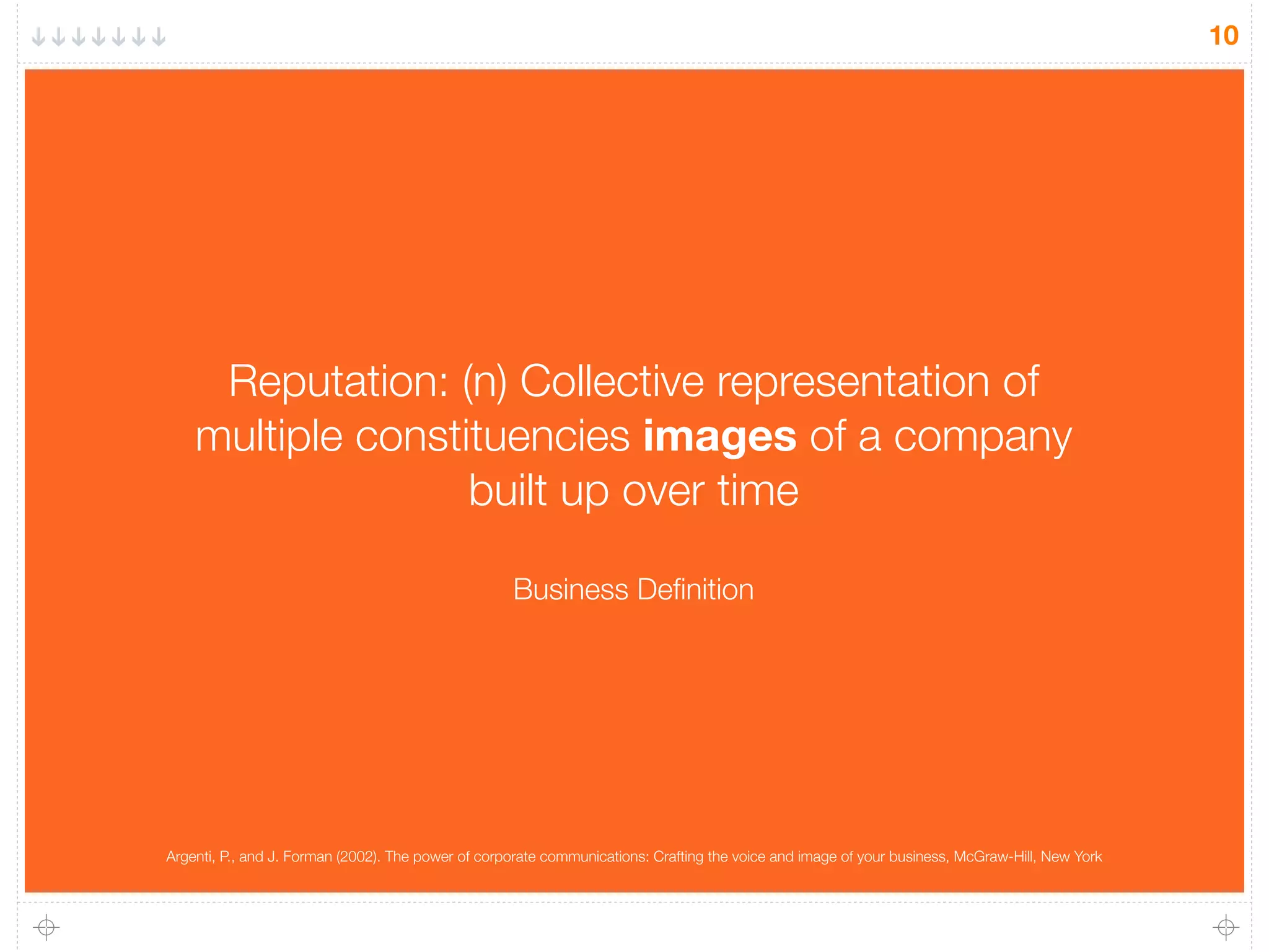 10
Reputation: (n) Collective representation of
multiple constituencies images of a company
built up over time
Business Deﬁnition
Argenti, P., and J. Forman (2002). The power of corporate communications: Crafting the voice and image of your business, McGraw-Hill, New York
 