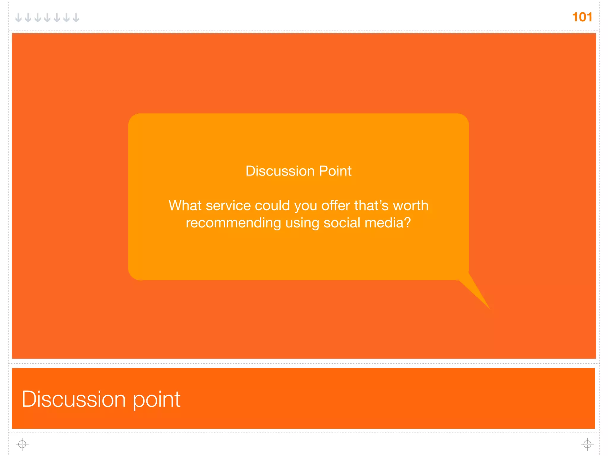 Discussion point
101
Discussion Point
What service could you oﬀer that’s worth
recommending using social media?
 