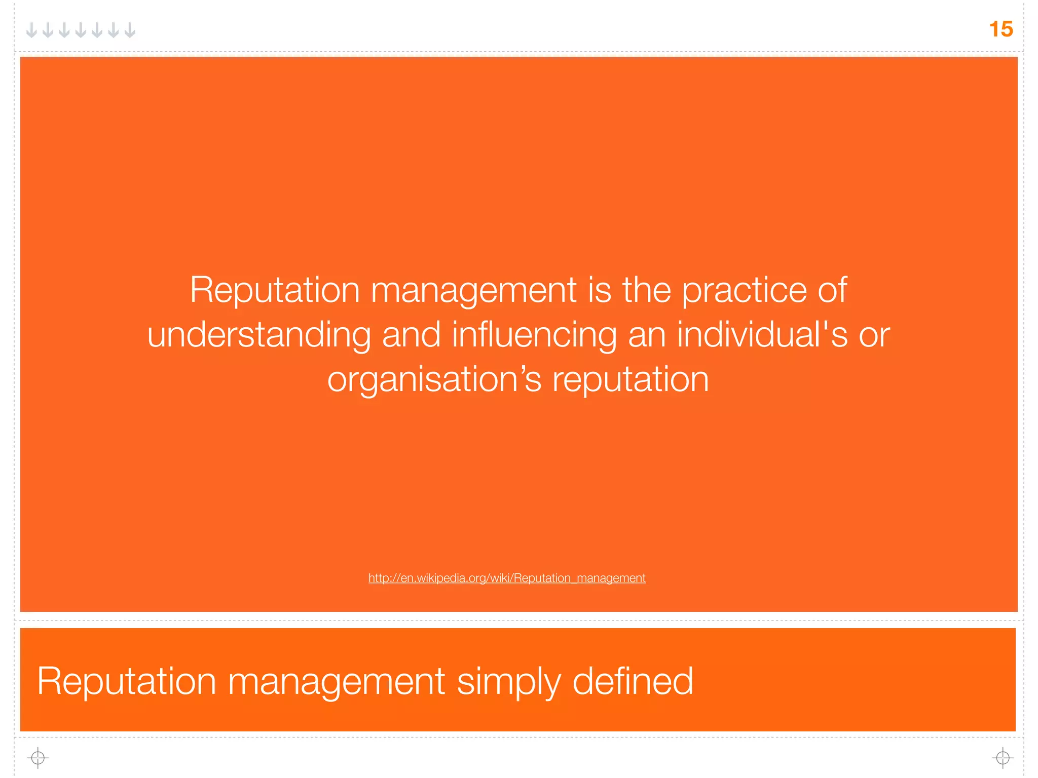 Reputation management simply deﬁned
15
Reputation management is the practice of
understanding and inﬂuencing an individual's or
organisation’s reputation
http://en.wikipedia.org/wiki/Reputation_management
 