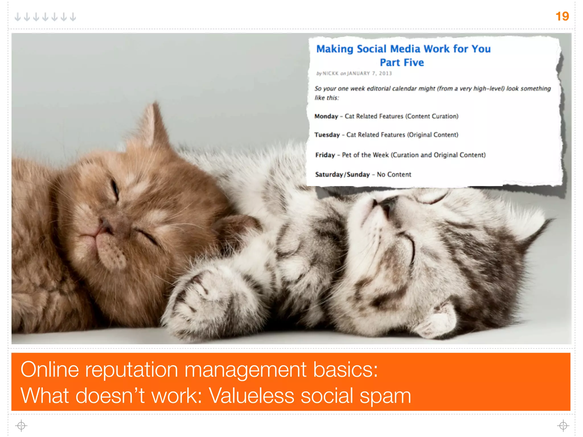 Online reputation management basics:
What doesn’t work: Valueless social spam
19
 