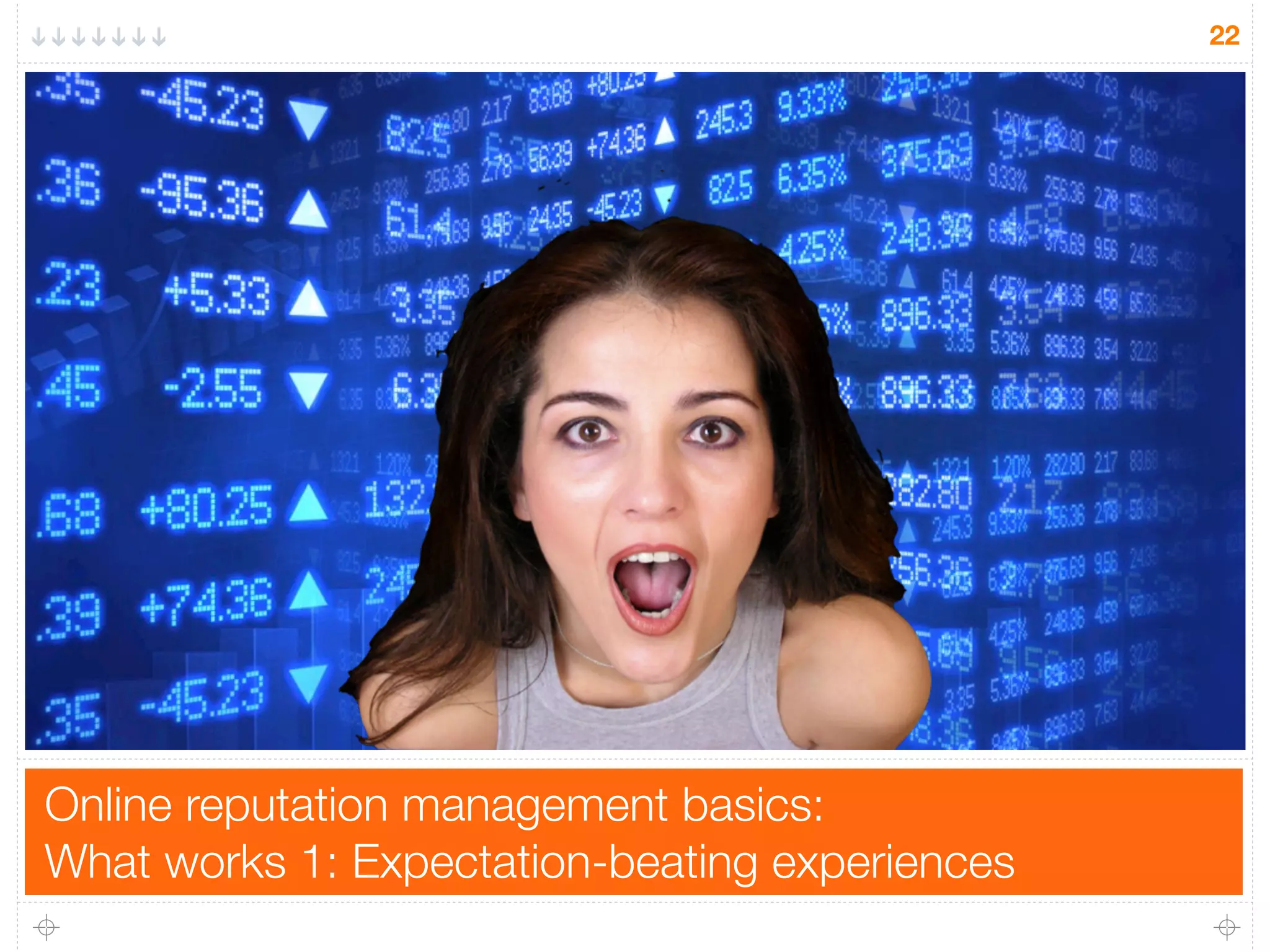 Online reputation management basics:
What works 1: Expectation-beating experiences
22
 
