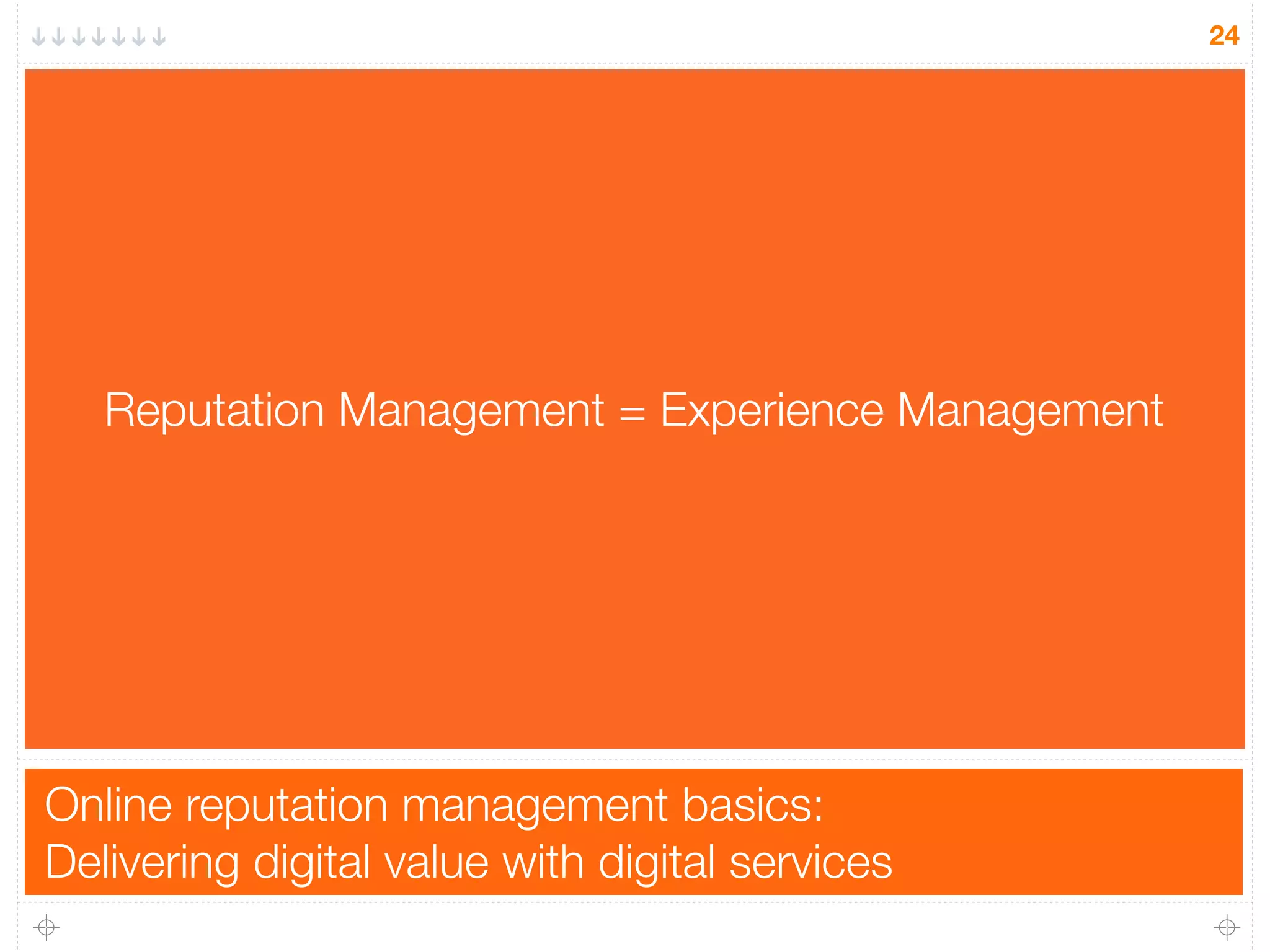Online reputation management basics:
Delivering digital value with digital services
24
Reputation Management = Experience Management
 