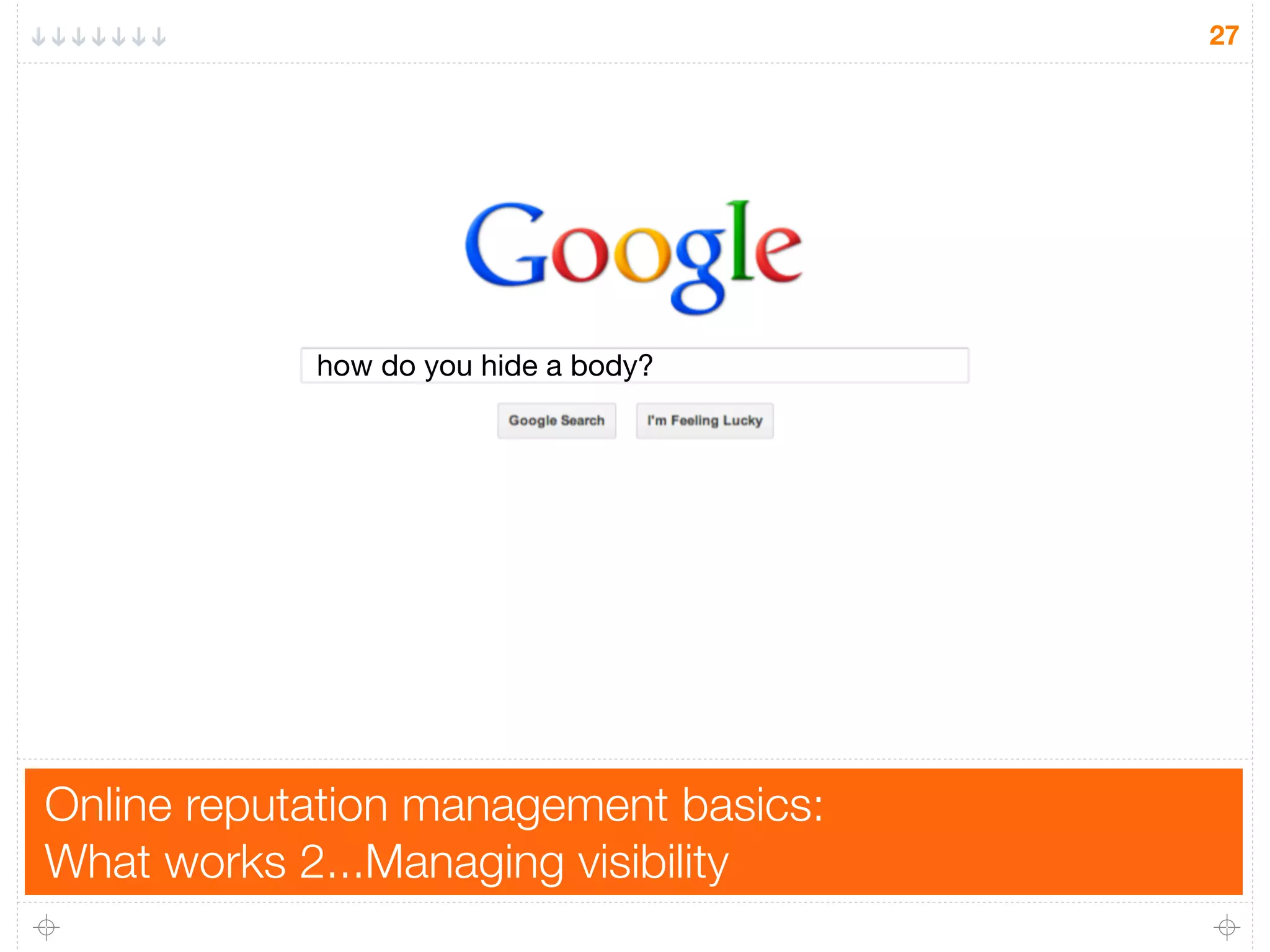 Online reputation management basics:
What works 2...Managing visibility
27
how do you hide a body?
 