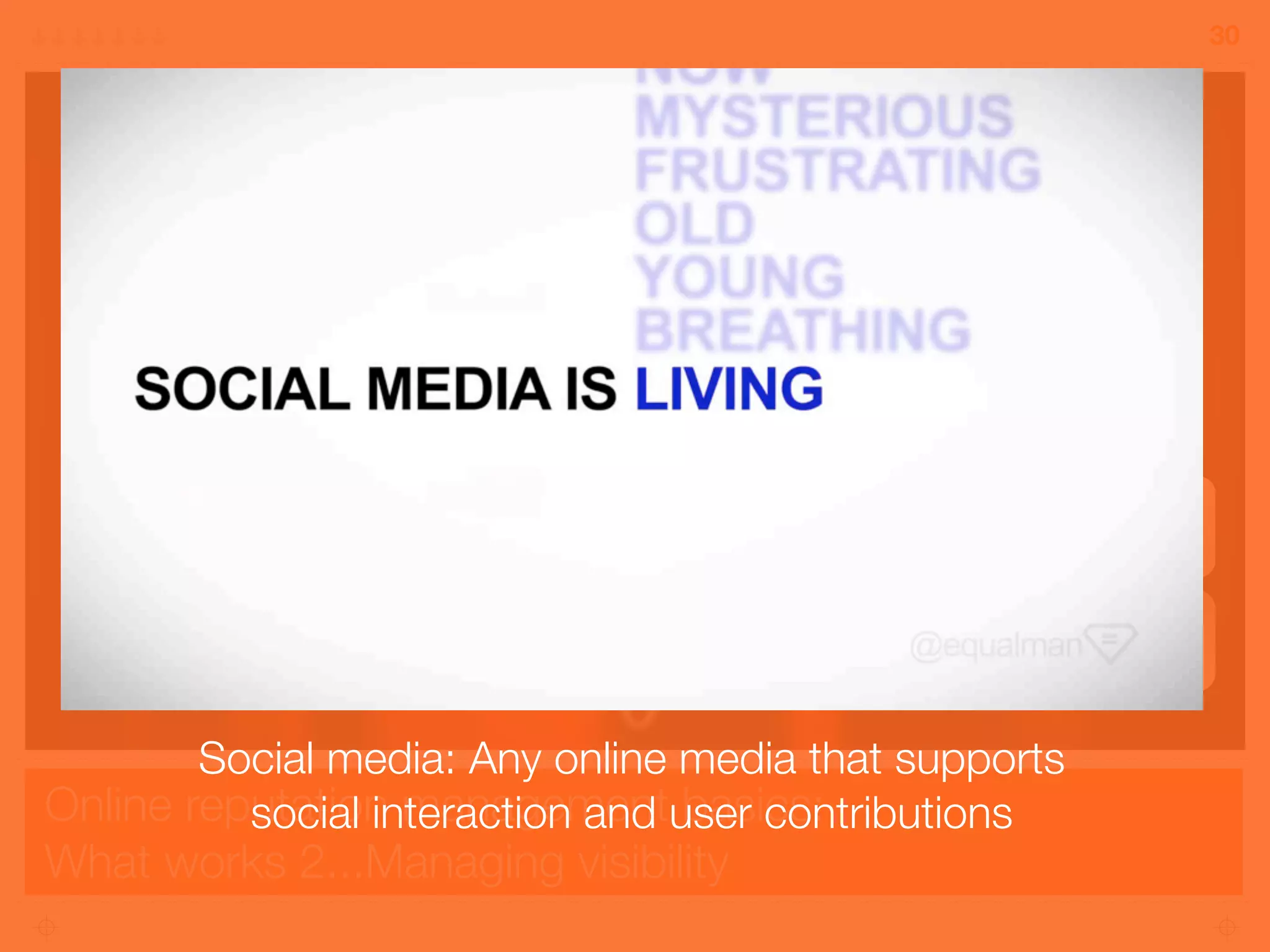Online reputation management basics:
What works 2...Managing visibility
30
Google loves social media
Social media: Any online media that supports
social interaction and user contributions
 