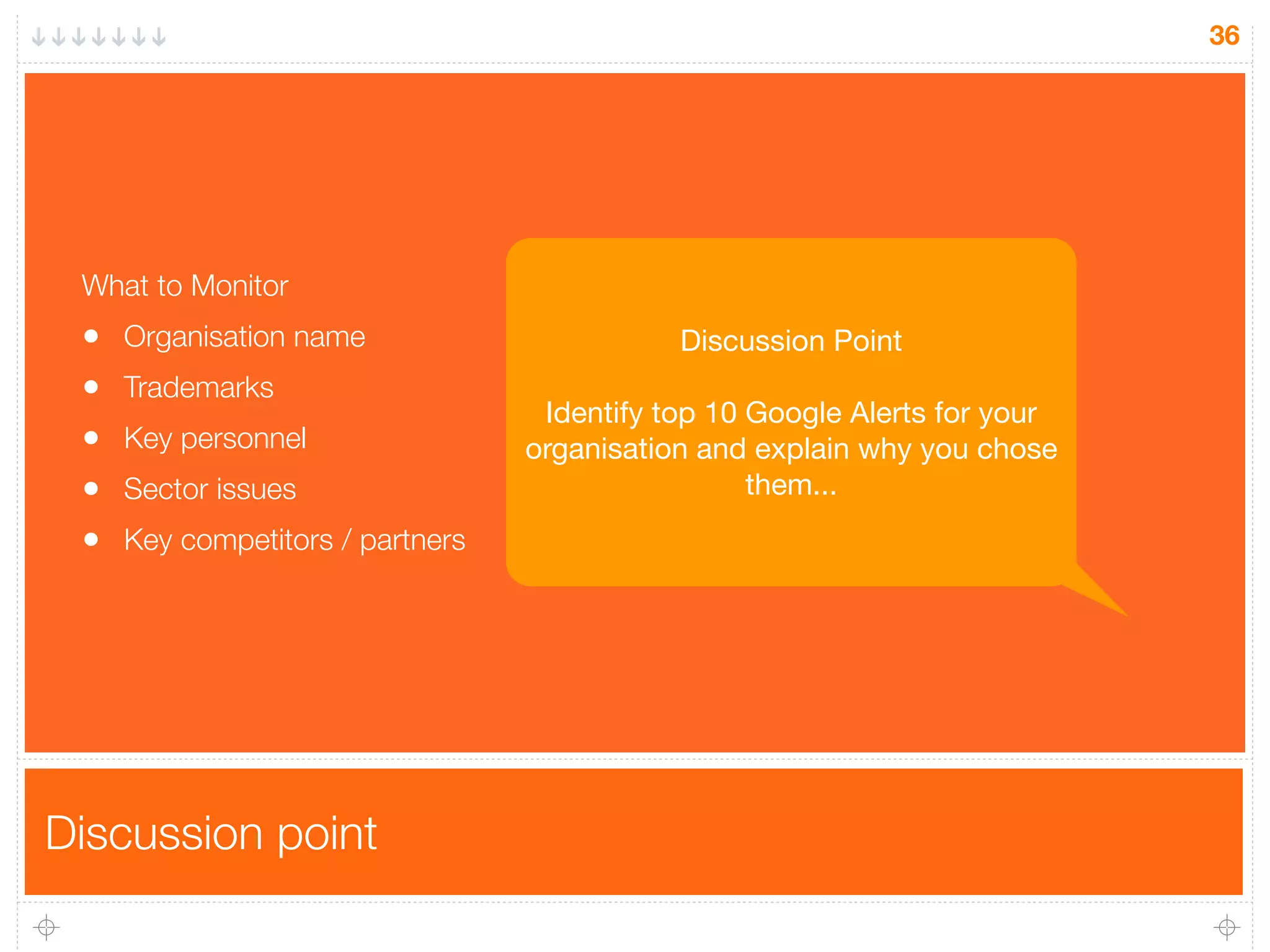 Discussion point
36
What to Monitor
• Organisation name
• Trademarks
• Key personnel
• Sector issues
• Key competitors / partners
Discussion Point
Identify top 10 Google Alerts for your
organisation and explain why you chose
them...
 