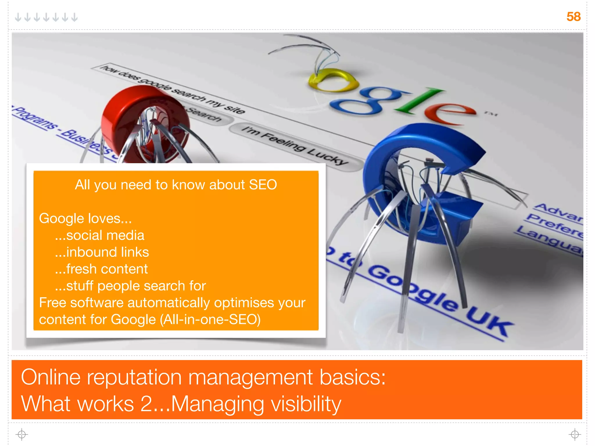 Online reputation management basics:
What works 2...Managing visibility
58
All you need to know about SEO
Google loves...
...social media
...inbound links
...fresh content
...stuﬀ people search for
Free software automatically optimises your
content for Google (All-in-one-SEO)
 
